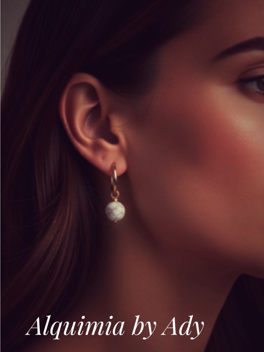 Gold Hoop Earrings with White Howlite Stone Drop